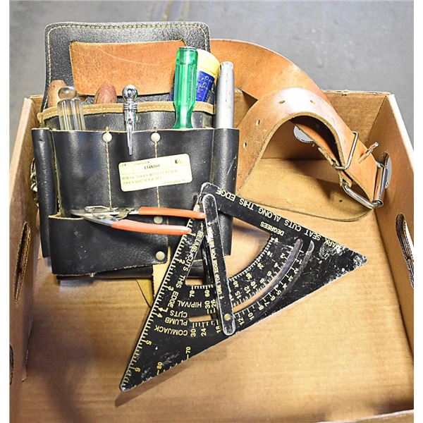 BOX OF TOOLS WITH LEATHER TOOLS HOLDER & BELT