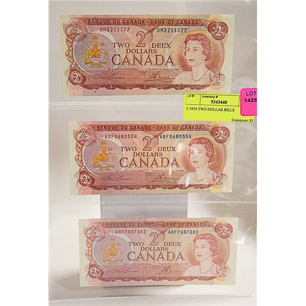 LOT OF THREE 1974 $2 BILLS
