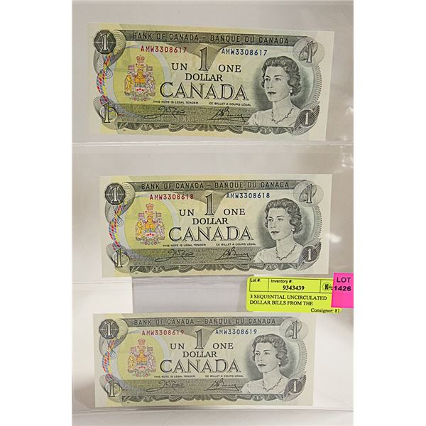 3 SEQUENTIAL UNCIRCULATED CANADIAN  $1 BILLS