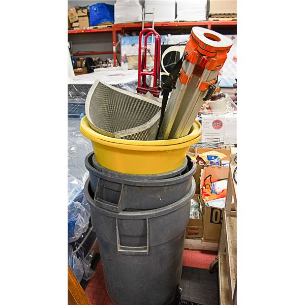 LOT OF GARBAGE CANS, TRIPOD & MORE