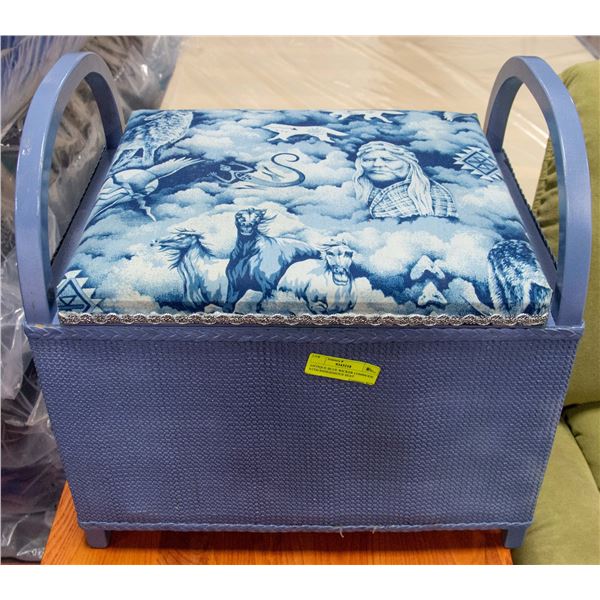 ANTIQUE BLUE WICKER COMMODE WITH INDIGENIOUS SEAT