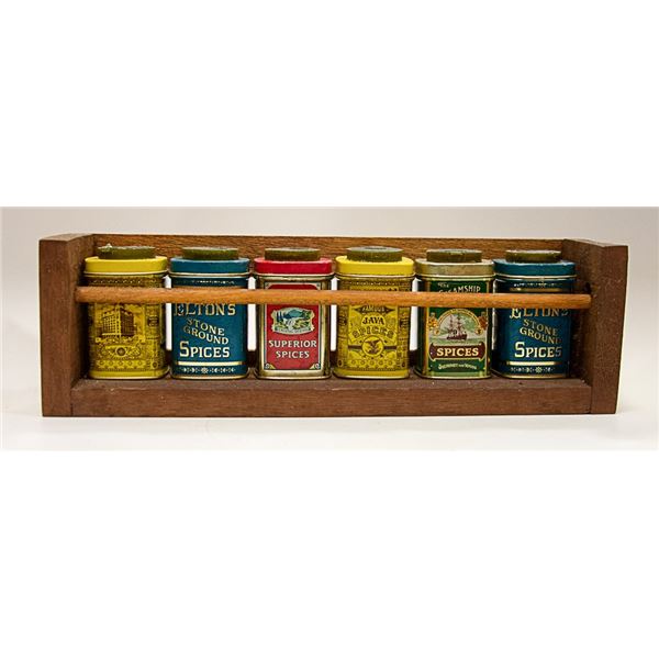 ANTIQUE SPICE RACK TIN SET. ESTATE