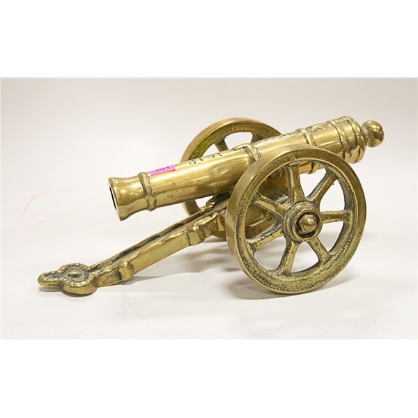 LARGE SOLID BRASS 2 PC CANNON WITH ROLLING TIRES