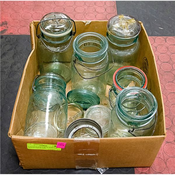 6 ANTIQUE AQUA BLUE WIRE TOP MASON JARS & LIDS