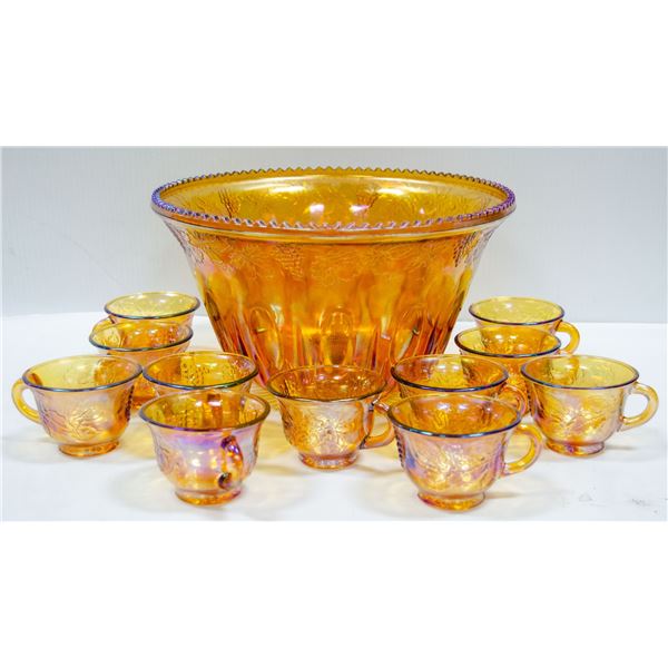 VINTAGE CARNIVAL GLASS PUNCH BOWL WITH 11 CUPS
