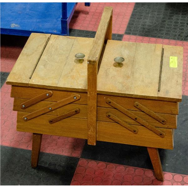 ANTIQUE ACCORDIAN SEWING BOX FULL OF CONTENTS