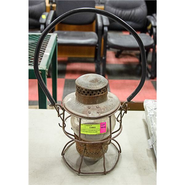 ANTIQUE CNR RAILWAY LANTERN WITH EMBOSSED GLOBE