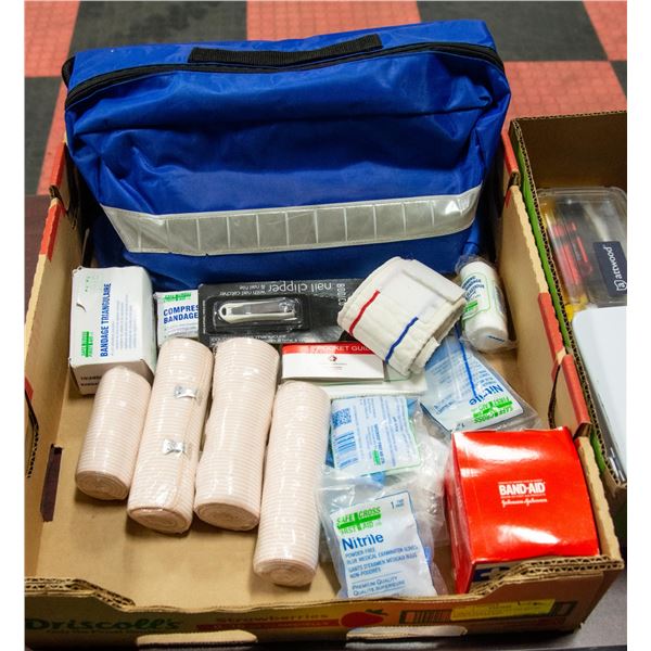 LARGE FLAT WITH 1ST AID KIT IN BLUE CANVAS BAG