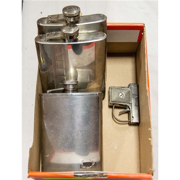 BOX OF ASSORTED FLASKS & GUN LIGHTER
