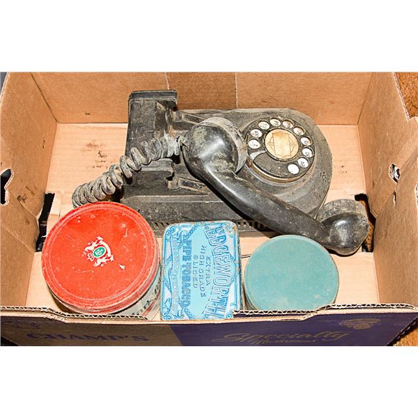 ANTIQUE TELEPHONE AND VINTAGE TOBACCO TINS