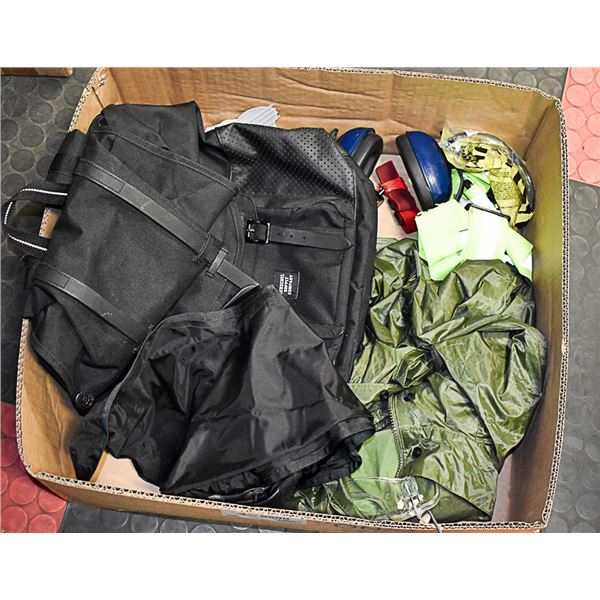 LARGE BOX OF HUNTING/FISHING/WORK GEAR INCL.