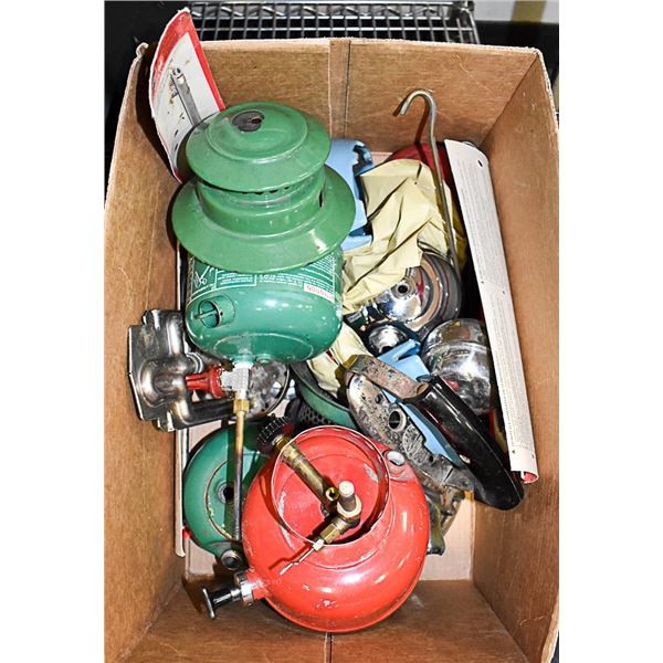 BOX FULL OF OLD COLEMAN LANTERNS & PARTS. ESTATE