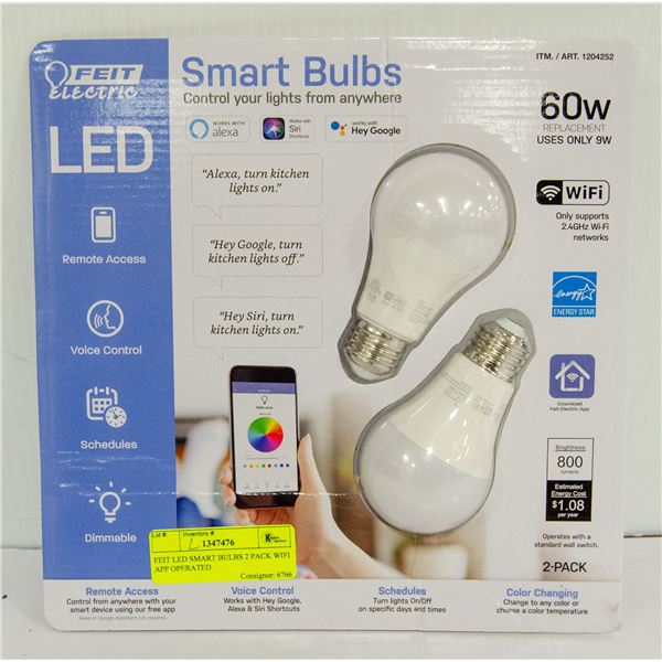 FEIT LED SMART BULBS 2 PACK WIFI APP OPERATED