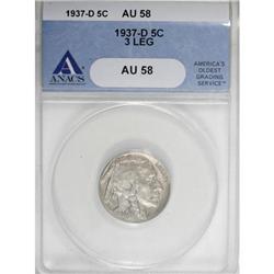 1937-D 5C Three-Legged AU58 ANACS