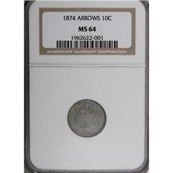1874 10C Arrows MS64 NGC