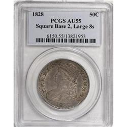 1828 50C Square Base 2, Large 8 AU55 PCGS