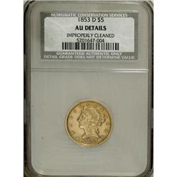 1853-D $5 Large D AU50 Details NCS