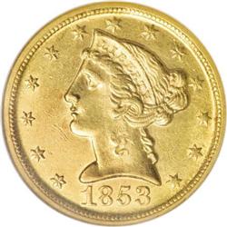 1853-D $5 Large D MS61 NGC