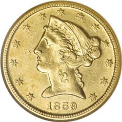 1859-D $5 Medium D AU58 NGC