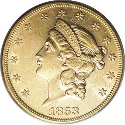 1853/2 $20 AU55 PCGS