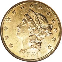 1854 $20 Large Date AU58 NGC