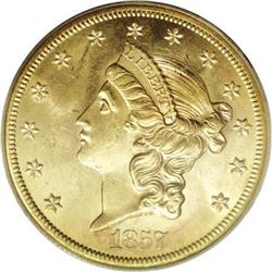 1857-S $20 Spiked Shield MS62 PCGS SSCA