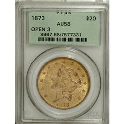 1873 $20 Open 3 AU58 PCGS