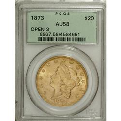 1873 $20 Open 3 AU58 PCGS