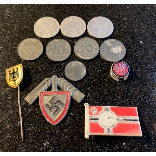 #6 – Group of Nazi Germany Pins & Coins – Rare Plastic REICHSKRIEGSFLAGGE (10ba) Pin