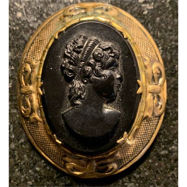 #9 - Antique JET - MOURNING CAMEO BROOCH – Young Female w/ HEADBAND