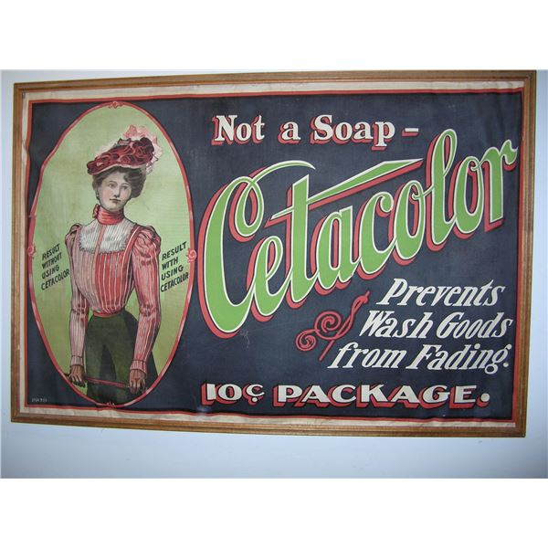 #11 - Rare Antique Cloth Advertising Sign, CETACOLOR - 10C PACKAGE Fade Prevention, Victorian Model