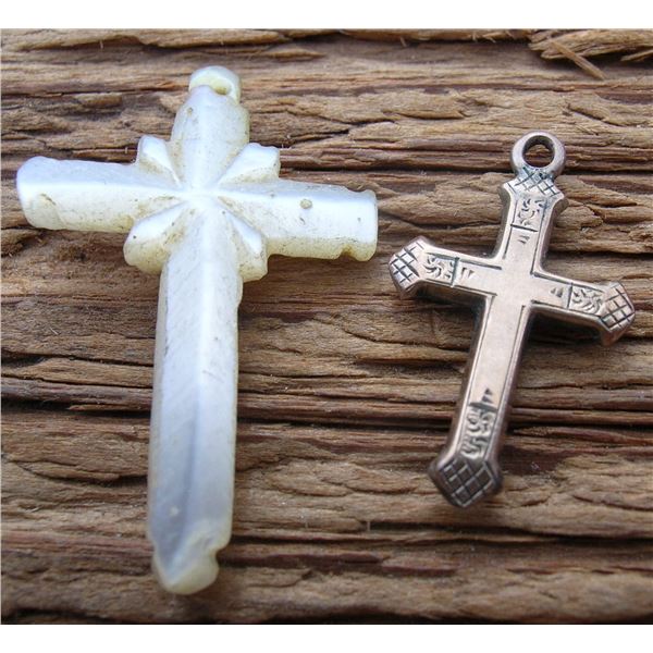 #43 - Antique Pair of very old CRUCIFIXES Hand Carved  WHITE ONYX & Gold Plated