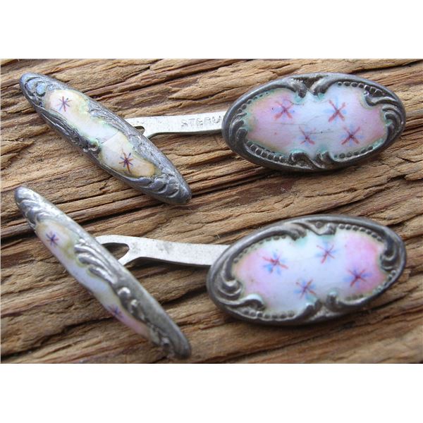 #46 - Antique PAIR Hand Painted Enameled STERLING – Double-Faced/Sided CUFF LINKS