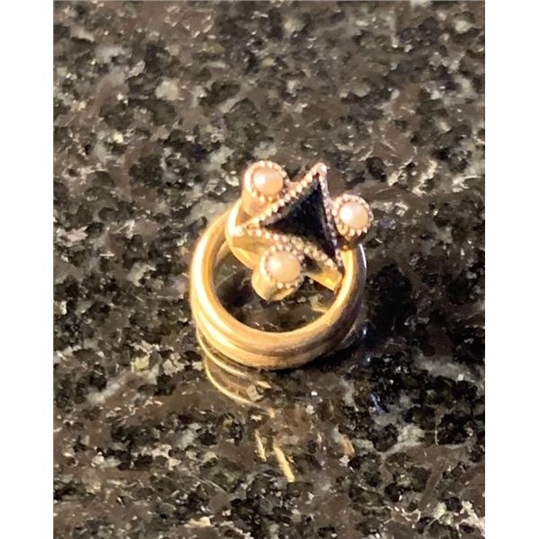 #49 - Antique 14K Gold – Corkscrew Mount EBONY & SEED PEARLS Mourning Pin