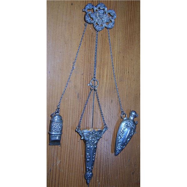 #62 - Victorian Solid Sterling Silver Lady of the House CHATELAINE - Whistle, Scissor Holder, Perfum