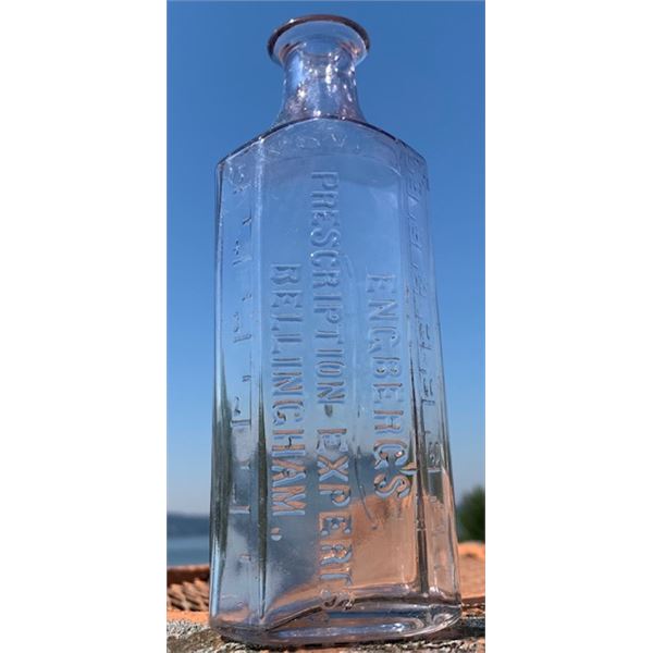 #69 – Early 1900s  Amethyst Glass, Whatcom Co. Pharmacy Bottle – ENGBERGS PRESCRIPTION EXPERTS – BEL