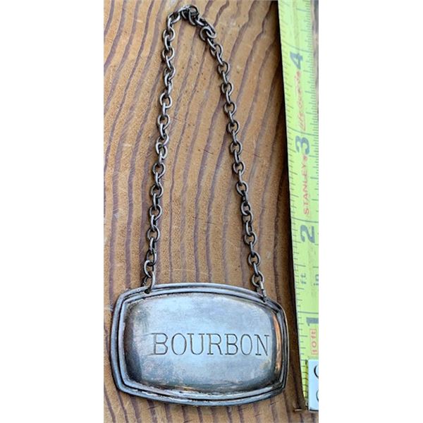 #74 - Vintage ENGLISH Silver Plated BOURBON Bottle Pendant / TAG