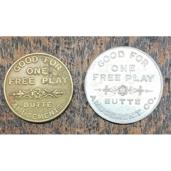 #81 – 1940s Original Pair, BUTTE AMUSEMENTS – Good For One Free Play, Brass & Aluminum