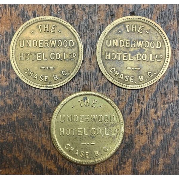 #82 – Group of 3 B.C. Canada Trade Tokens – THE UNDERWOOD HOTEL CO. LTD. CHASE, B.C. (5c 10c & 25c)