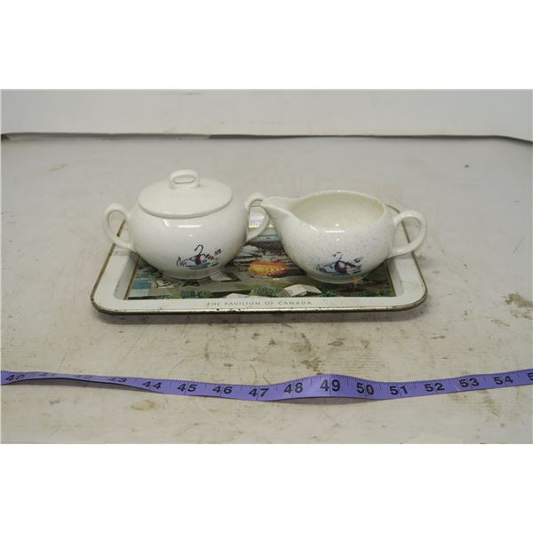 Cream & Sugar Set & Vintage Pavilion of Canada Tin Tray