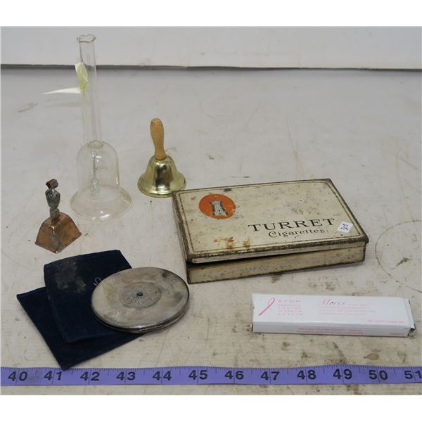 Vintage Cigarette Tin, Vanity Mirror (possible silver plate), misc. bells