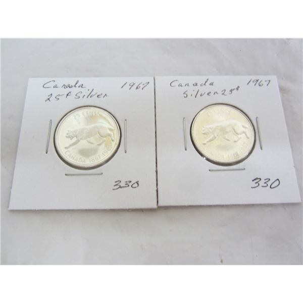2 Canadian 1967 Silver Quarters