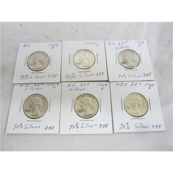 6 American Washington .900 Silver Quarters