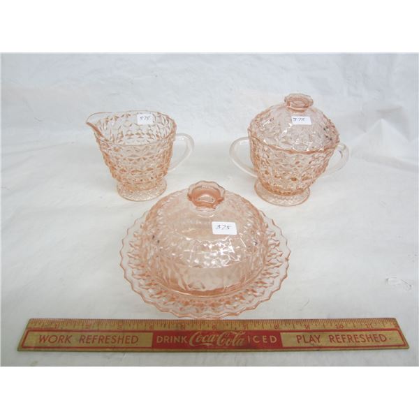 3 Pieces of Pink Depression Glass Holiday Butterdish , Cream and Sugar ,no damage