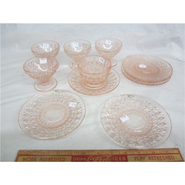 11 Pieces of Pink Depression Glass Holiday Sherbets no damage ect