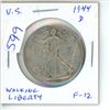 Image 1 : U.S. 1944D Walking Liberty Silver Half Dollar. Denver Mint. F-12. World War II issue.
