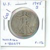 Image 1 : U.S. 1945S Walking Liberty Silver Half Dollar San Francisco Mint. F-12. World War II issue.