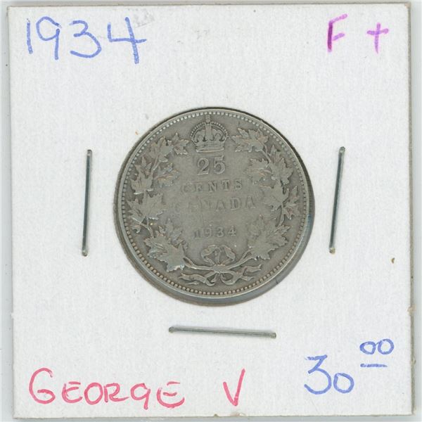 1934 George V 25 Cent F+