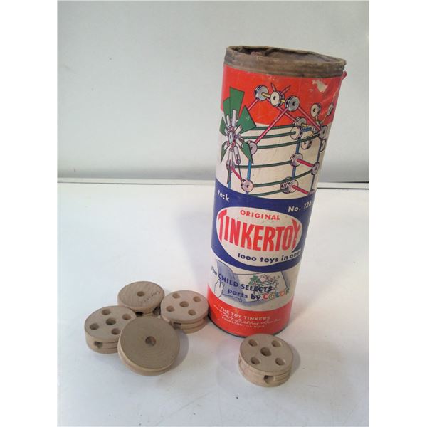 Vintage Tinker Toy container full of mixed tinker toys