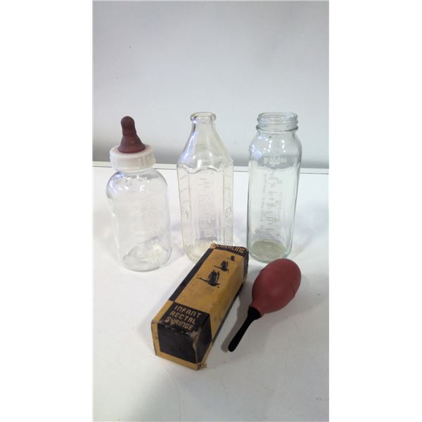 Lot of 3 Antique Baby Bottles and Rectal Syringe
